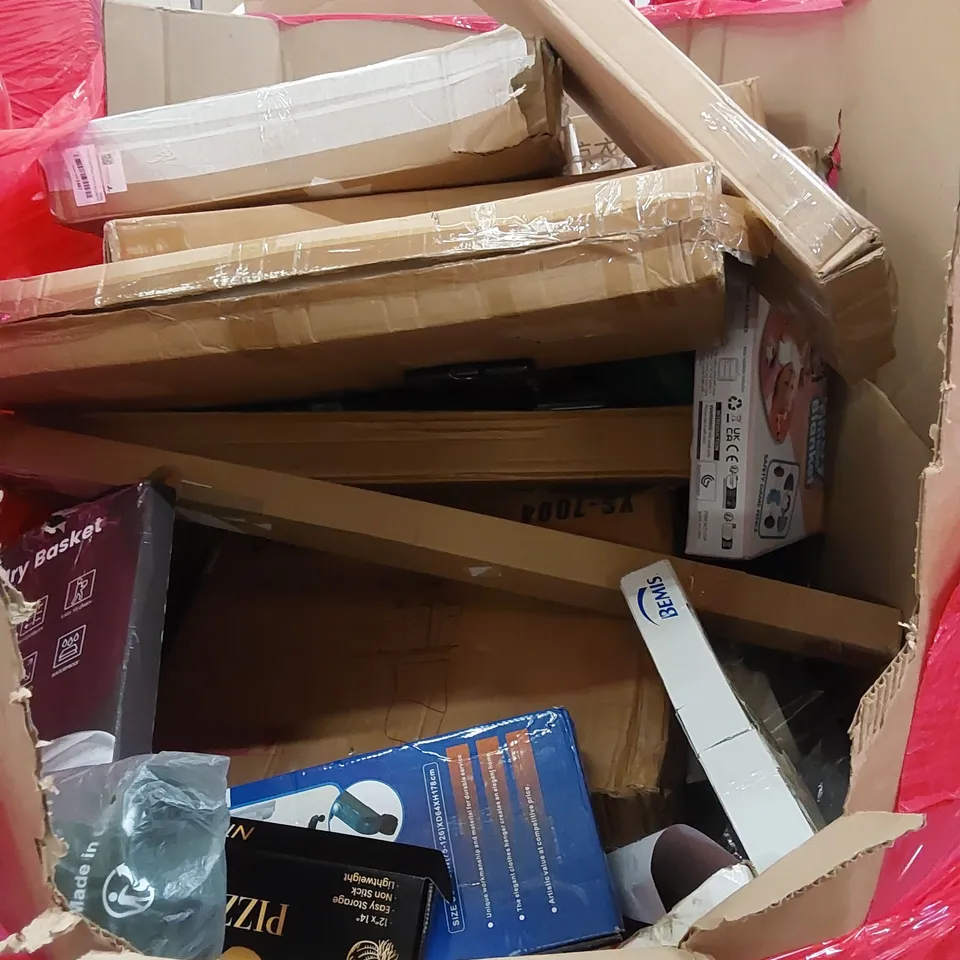 PALLET OF ASSORTED HOUSEHOLD ITEMS AND CONSUMER PRODUCTS. INCLUDES; BABY PLAYPEN, BABY WALKER, CLOTHES HANGER, OFFICE CHAIR, BOXED FURNITURE ETC
