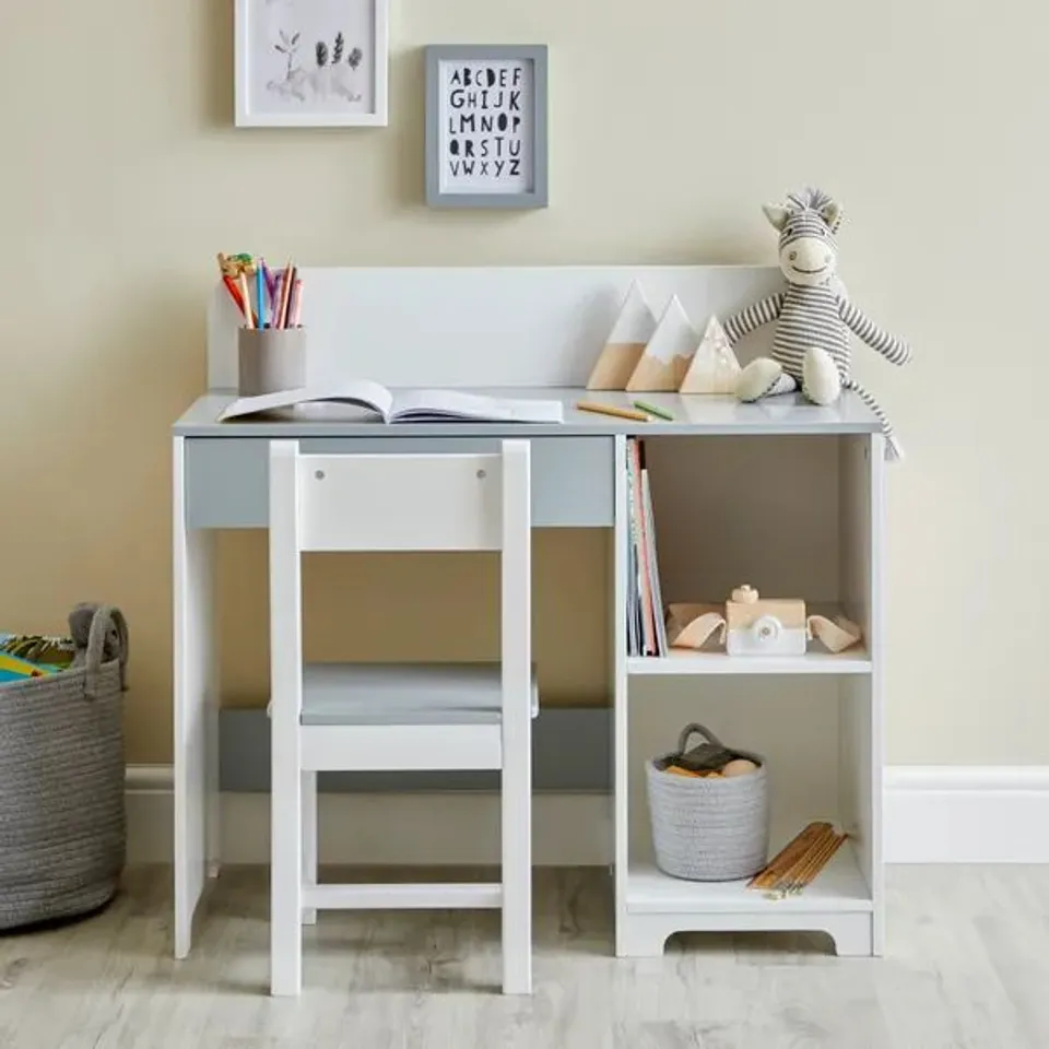 BOXED KIDS ALBIE DESK AND CHAIR SET - WHITE/GREY (1 BOX)