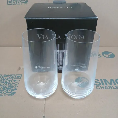 FOUR VIA LA MODA LEAD FREE CRYSTAL TUMBLERS – 4 SIP COLLECTION (480 ML) – BOXED