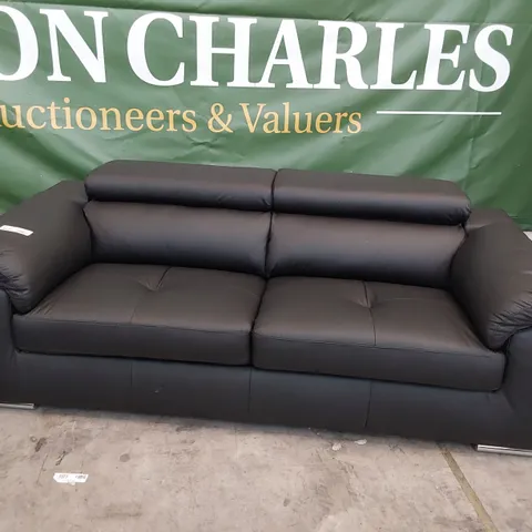 DESIGNER ITALIAN STYLE THREE SEATER SOFA BLACK LEATHER WITH ADJUSTABLE HEADRESTS