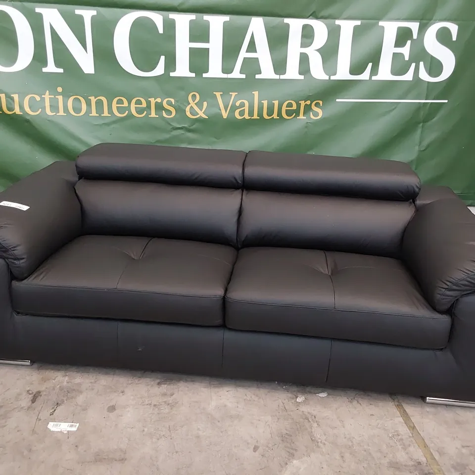 DESIGNER ITALIAN STYLE THREE SEATER SOFA BLACK LEATHER  WITH ADJUSTABLE HEADRESTS 