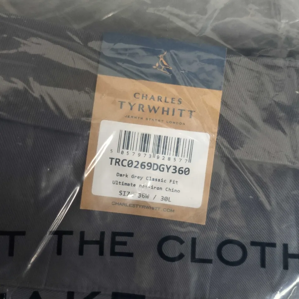 BAGGED CHARLES TYRWHITT DARK GREY CLASSIC FIT ULTIMATE NON-IRON CHINO TROUSERS – 36W X 30L