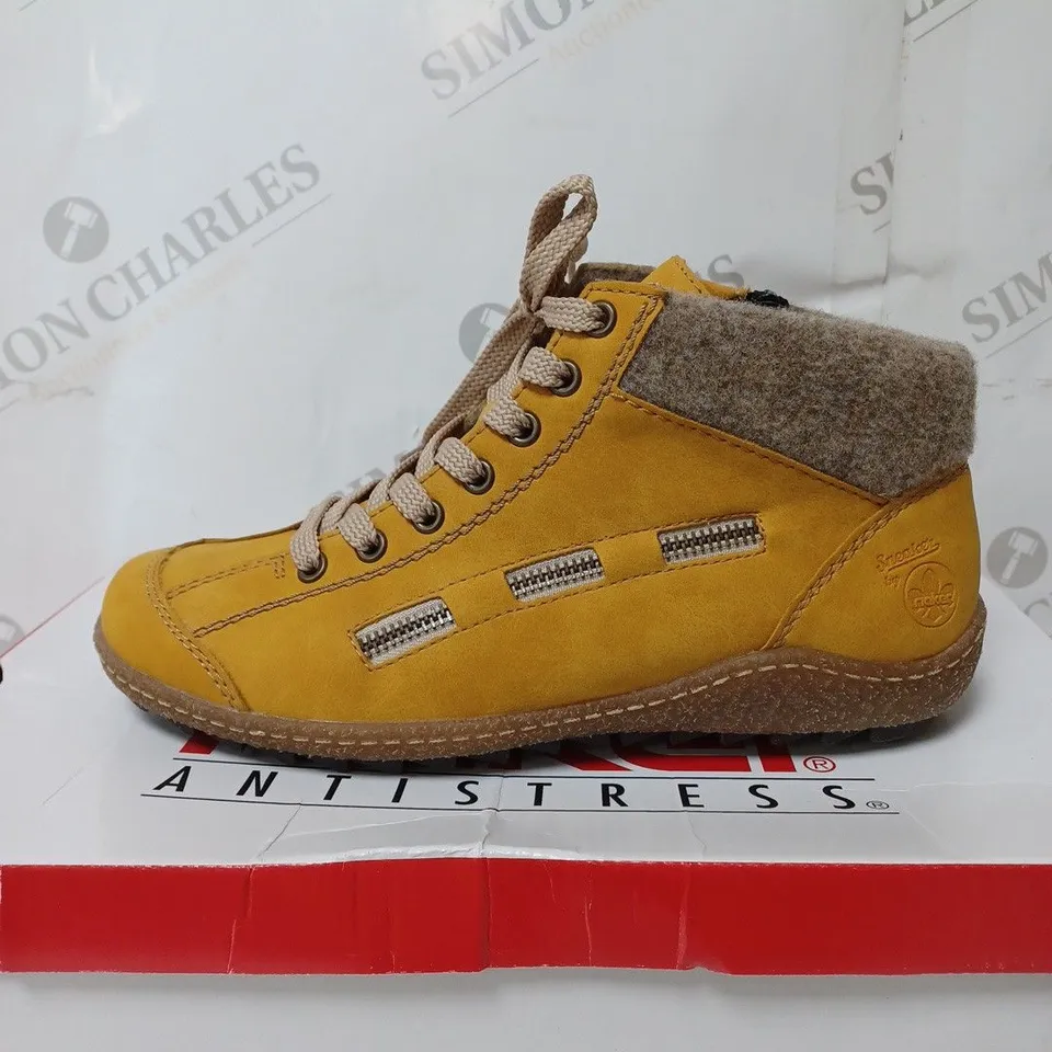 BOXED RIEKER LACE ANKLE BOOTS, YELLOW - SIZE 6