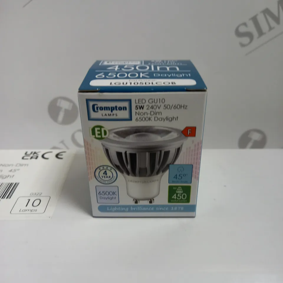 BOX TO CONTAIN 10 X CROMPTON 5W 240V LED GU10 NON-DIM 6500K DAYLIGHT BULBS - COLLECTION ONLY