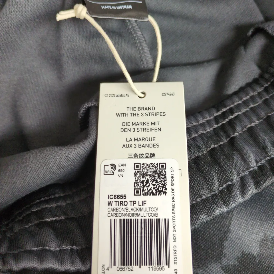 ADIDAS TIRO CAMOUFLAGE TRACK PANTS – WOMEN’S MEDIUM , BLACK/GRAY, MADE IN VIETNAM