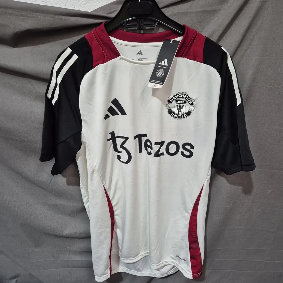 MANCHESTER UNITED FC ADIDAS FOOTBALL SHIRT – WHITE AWAY KIT WITH TEZOS SPONSOR – UK M