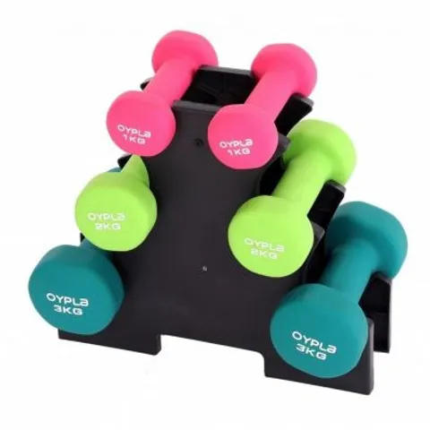 BOXED OYPLA 12KG NEOPRENE HAND DUMBBELL WORKOUT WEIGHT SET INCLUDING STAND