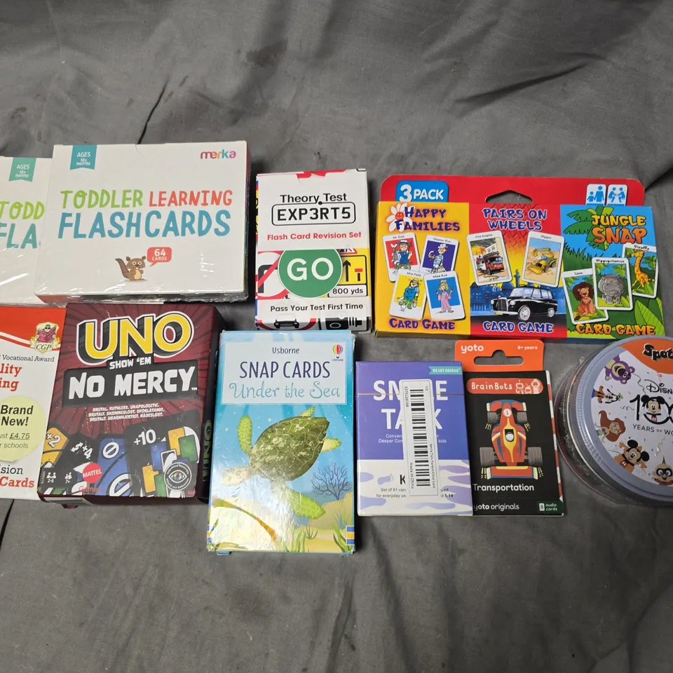 LOT OF 10 ASSORTED PACKS OF CARDS TO INCLUDE TODDLER FLASHCARDS AND UNO NO MERCY