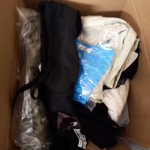 BOX OF ASSORTED CLOTHING ITEMS TOO INCLUDE DRESSES , SHIRTS AND TROUSERS IN VARIOUS SIZES AND COLOURS