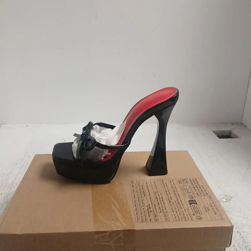 WOMEN'S BLACK PATENT PLATFORM HEELS WITH BOW – UK 3.5 (EU 36) – BOXED
