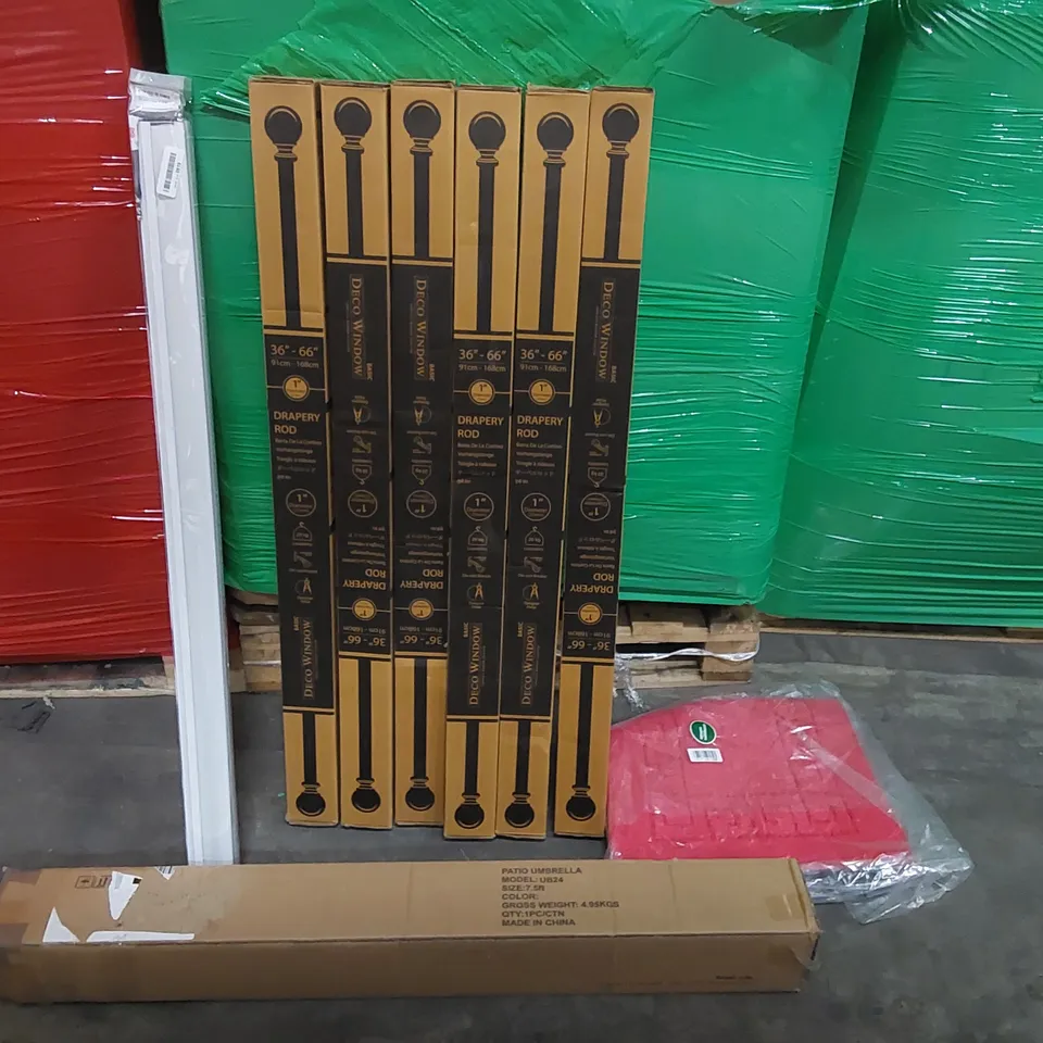 PALLET OF ASSORTED CONSUMER PRODUCTS TO INCLUDE: DRAPERY RODS, PATIO UMBRELLA, ROLLER BLIND, BATH MAT ECT