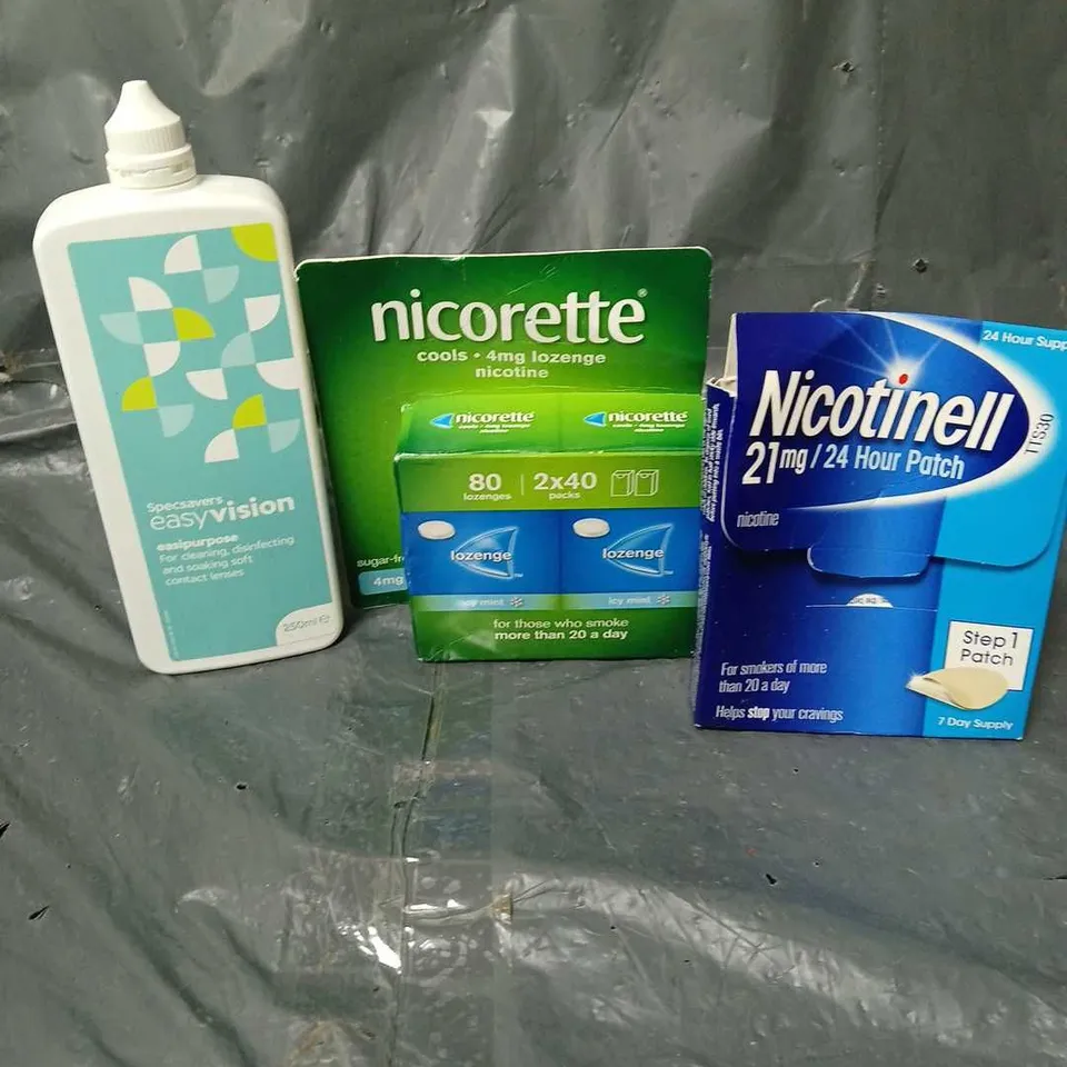 APPROXIMATELY 15 HEALTH AND BEAUTY PRODUCTS TO INCLUDE NICORETTE LOZENGES, NICOTINELL PATCHES AND CONTACT LENS CLEANING SOLUTION