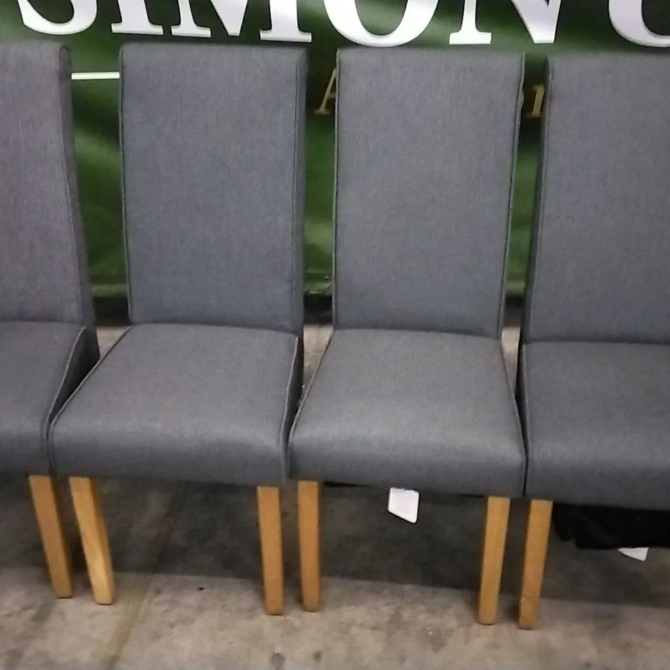 SET OF 4 GREY FABRIC DINING CHAIRS WITH WOODEN LEGS