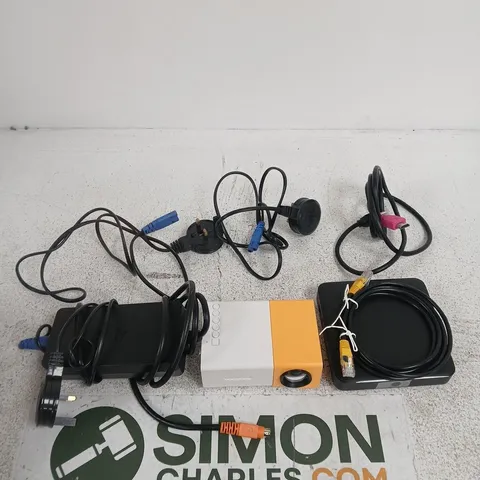TOTE OF APPROXIMATELY 10 ASSORTED ITEMS INCLUDING A TALK TALK TV HUB, A HDMI CABLE AND A PROJECTOR