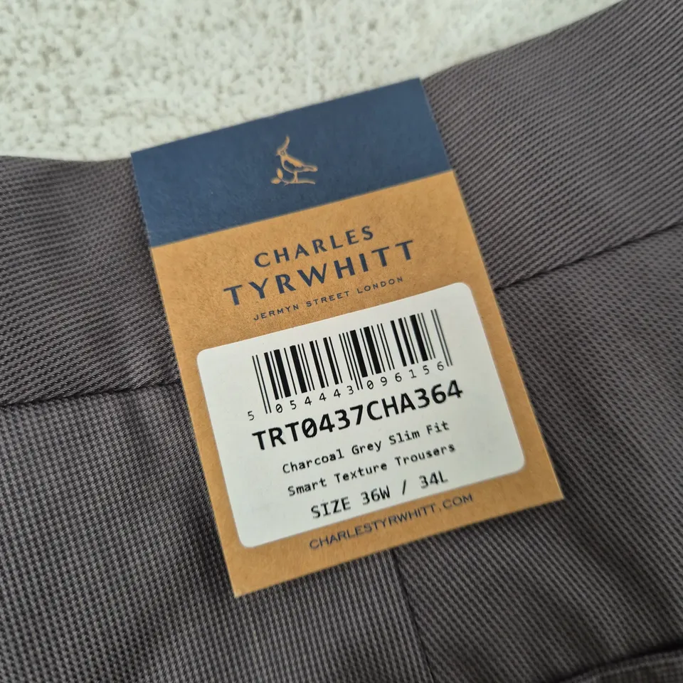 CHARLES TYRWHITT CHARCOAL GREY SLIM FIT NON-IRON TROUSERS – 36W X 34L