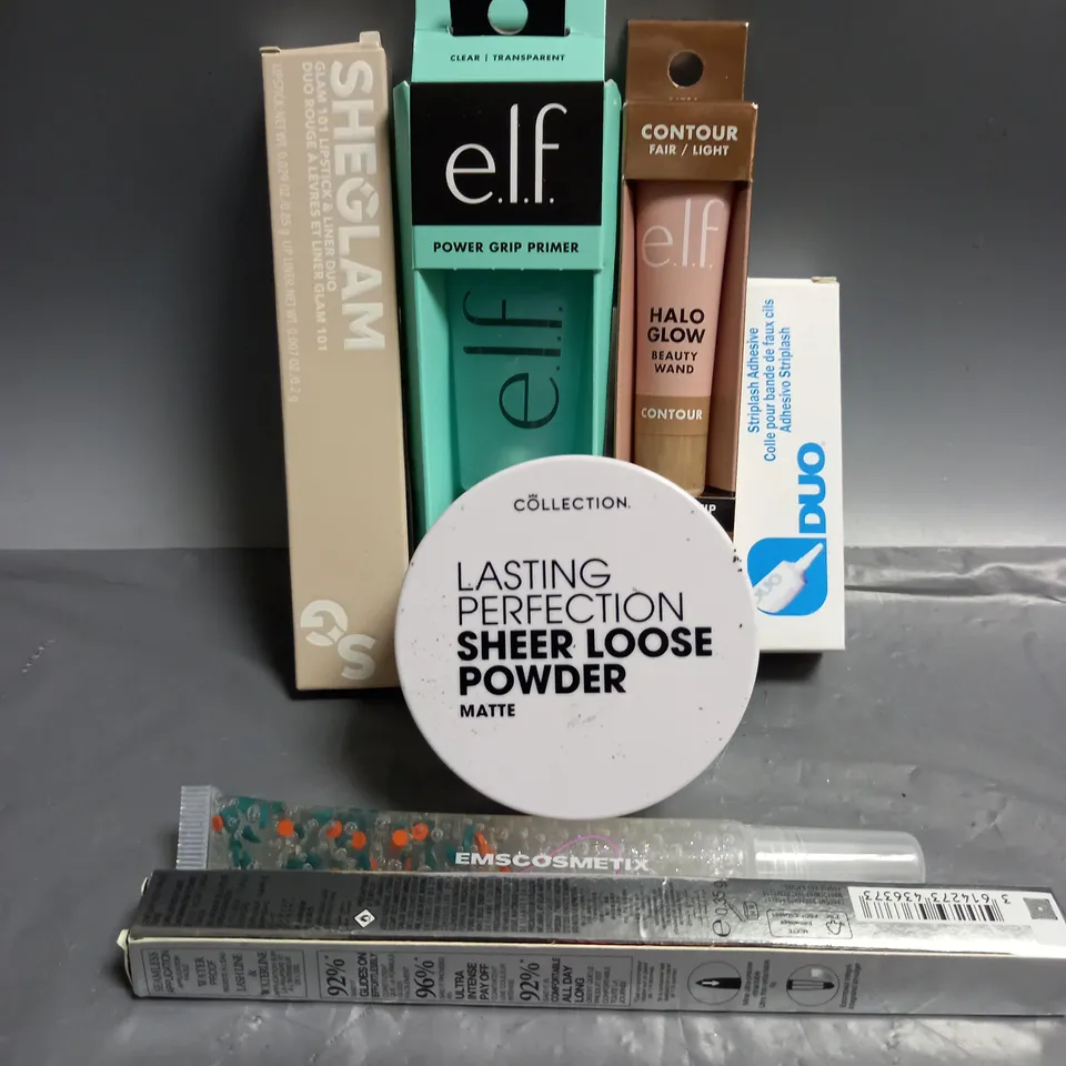 LOT OF APPROX 5 ASSORTED HEALTH AND BEAUTY ITEMS TO INCLUDE E.L.F. CONTOUR BEAUTY WAND IN FAIR/LIGHT (10ML), COLLECTION SHEER LOOSE MATTE POWDER (10G), DUO STRIPLASH ADHESIVE (7G), ETC. 