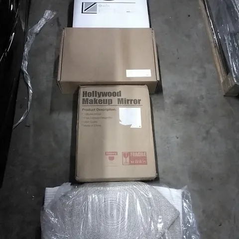 PALLET OF HOUSEHOLD ITEMS TO INCLUDE WALL CLOCK, EV CHARGER,MAKEUP MIRROR FLOOR MAT AND OTHER ASSORTED ITEMS...