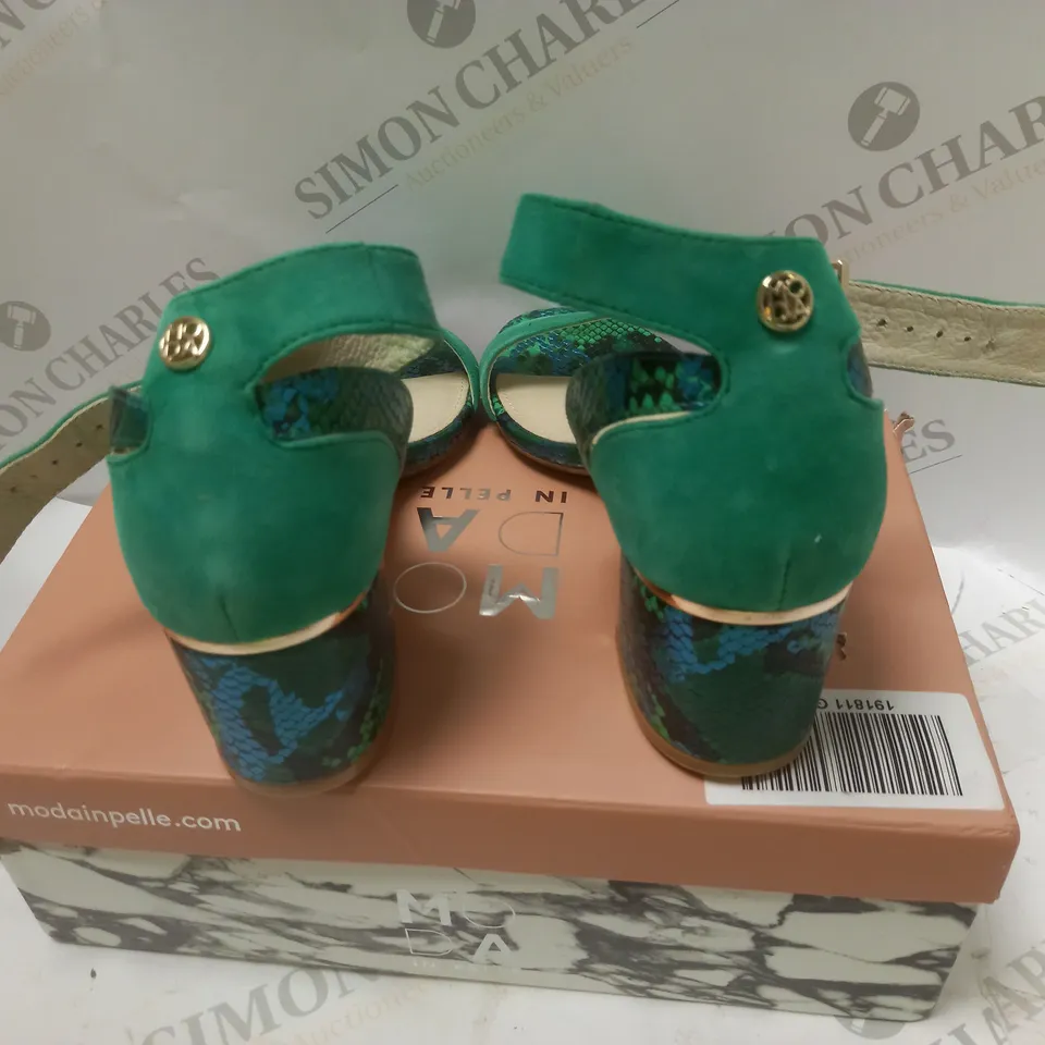 BOXED OREENA GREEN SUEDE HEELS - SIZE 6