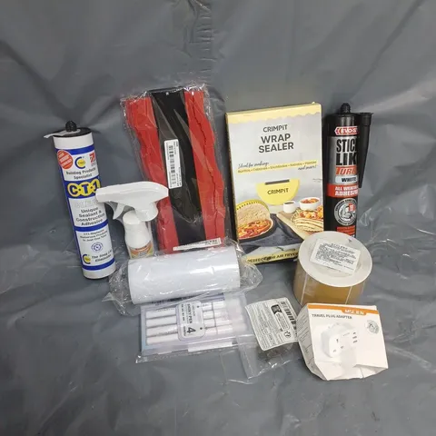 APPROXIMATELY 12 ASSORTED HOUSEHOLD ITEMS TO INCLUDE CRIMPIT WRAP SEALER, TRAVEL PLUG ADAPTOR, ALL WEATHER ADHESIVE, ETC