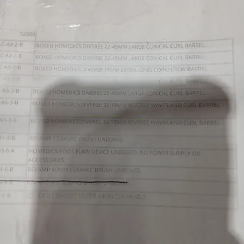 APPROXIMATELY 17 ASSORTED PRODUCTS TO INCLUDE; HOMEDICS CONICAL CURL BARRELL, HOMEDICS REVERSE WAVES AND CONCEPT FILTER AIR FILTER PANELS