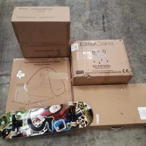 PALLET CONTAINING ASSORTED PRODUCTS INCLUDING CEILING FAN WITH LIGHT, PERCHING STOOL, GLYMNIS POP UP BEACH TENT, SKATEBOARD & MIXED FAUCET SET 