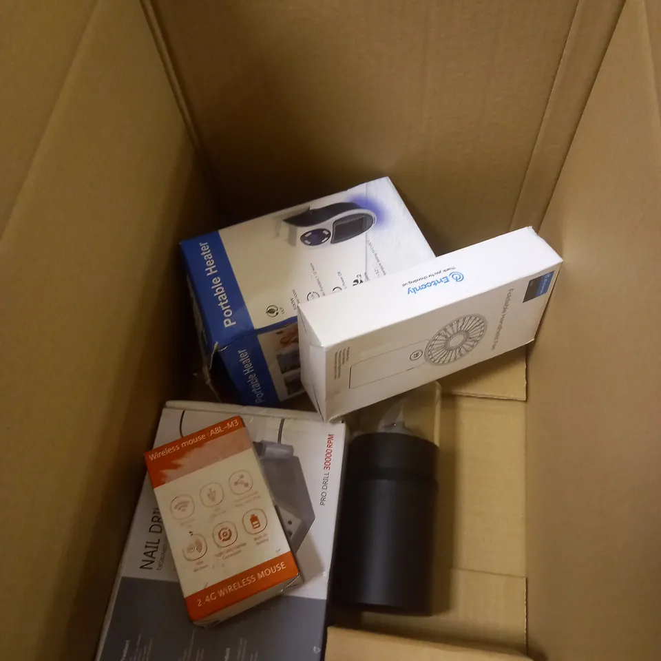 BOX OF APPROXIMATELY 5 ASSORTED ITEMS TO INCLUDE NAIL DRILL SET, COFFEE GRINDER, MHANDHLED FAN ETC