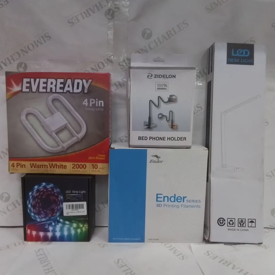 BOX OF ASSORTED ELECTRICAL GOODS TO INCLUDE; LED STRIP LIGHT, ENDER SERIES 3D PRINTING FILAMENTS, LED DESK LIGHT