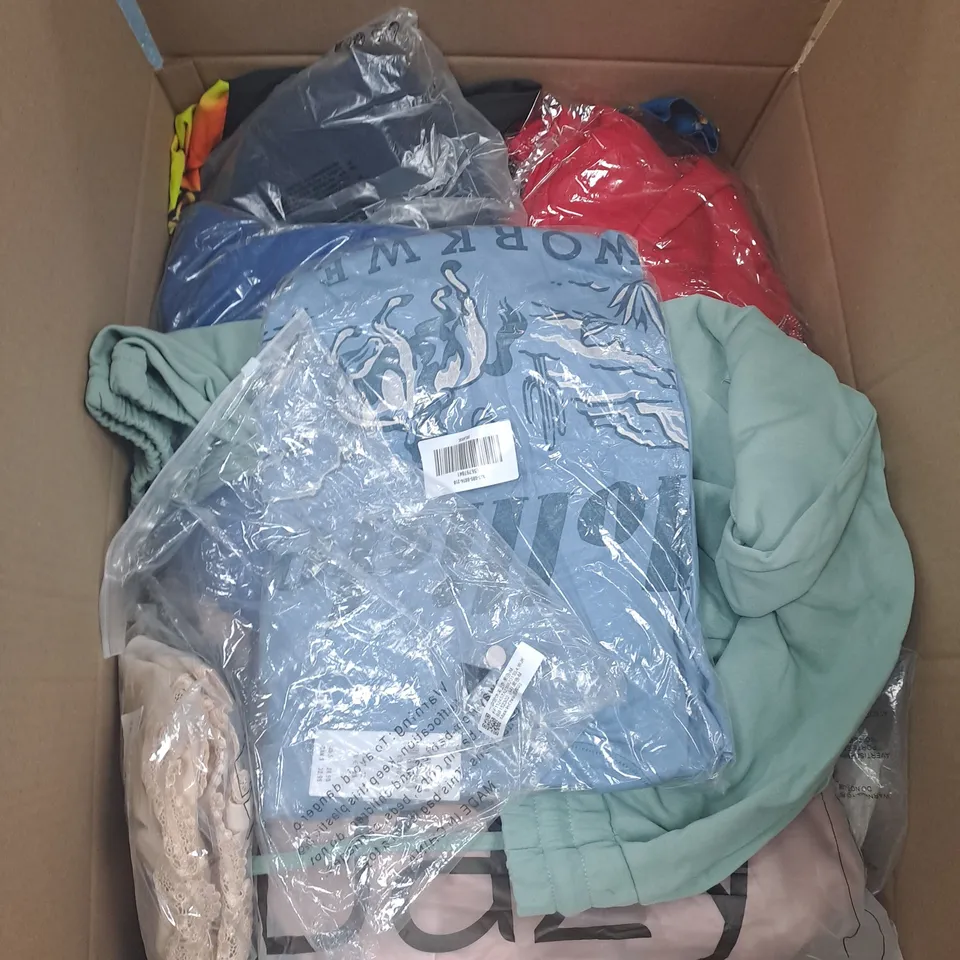 BOX OF APPROX. 25 ASSORTED CLOTHING VARYING IN SIZE/COLOUR/STYLE TO INCLUDE:  TOPS, TROUSERS, JUMPERS