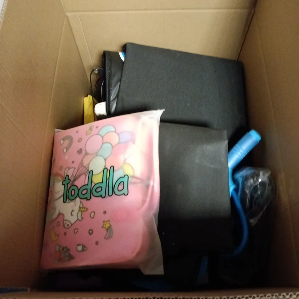 BOX OF APPROXIMATELY 15 ASSORTED TOYS INCLUDING FLYNOVA  PRO , CAPTAIN AMERICA FIGURE AND MAM BABY BOTTLE SET 