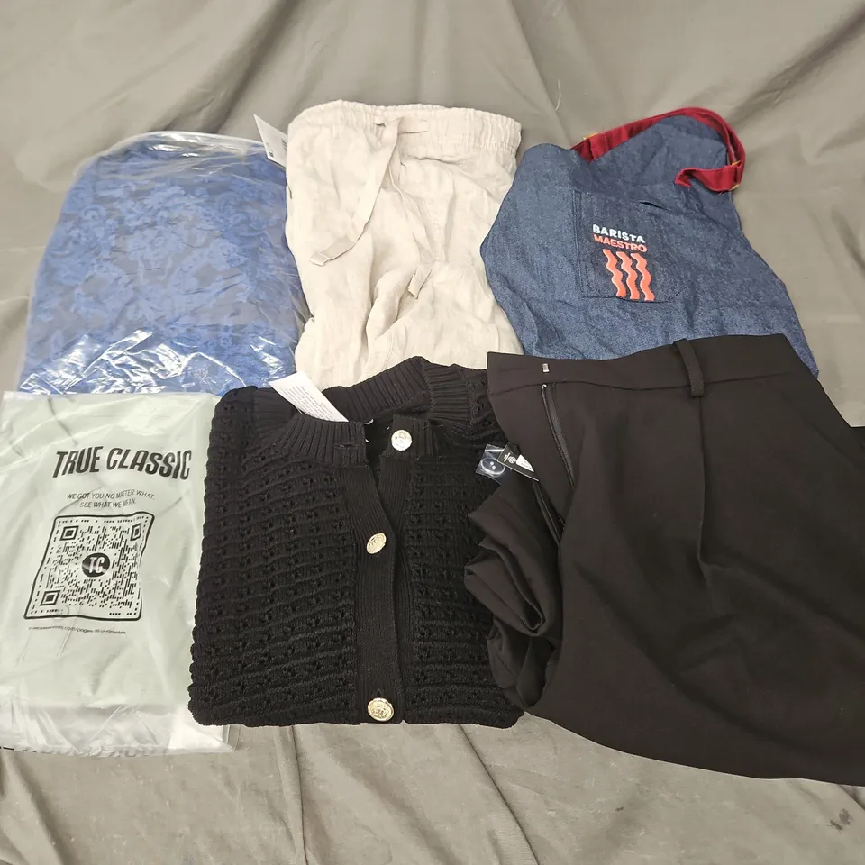 BOX OF APPROXIMATELY 20 ASSORTED CLOTHING ITEMS TO INCLUDE APRON, TOPS, TROUSERS, ETC