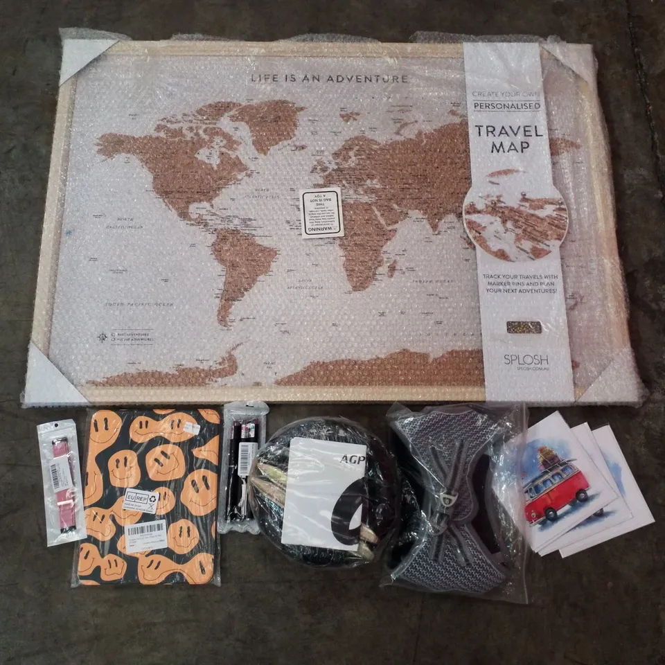 PALLET OF ASSORTED PRODUCTS INCLUDING CORK TRAVEL MAP, CARDS, PET HARNESS, TABLET CASE, LASER POINTER, SMALL TIRES 