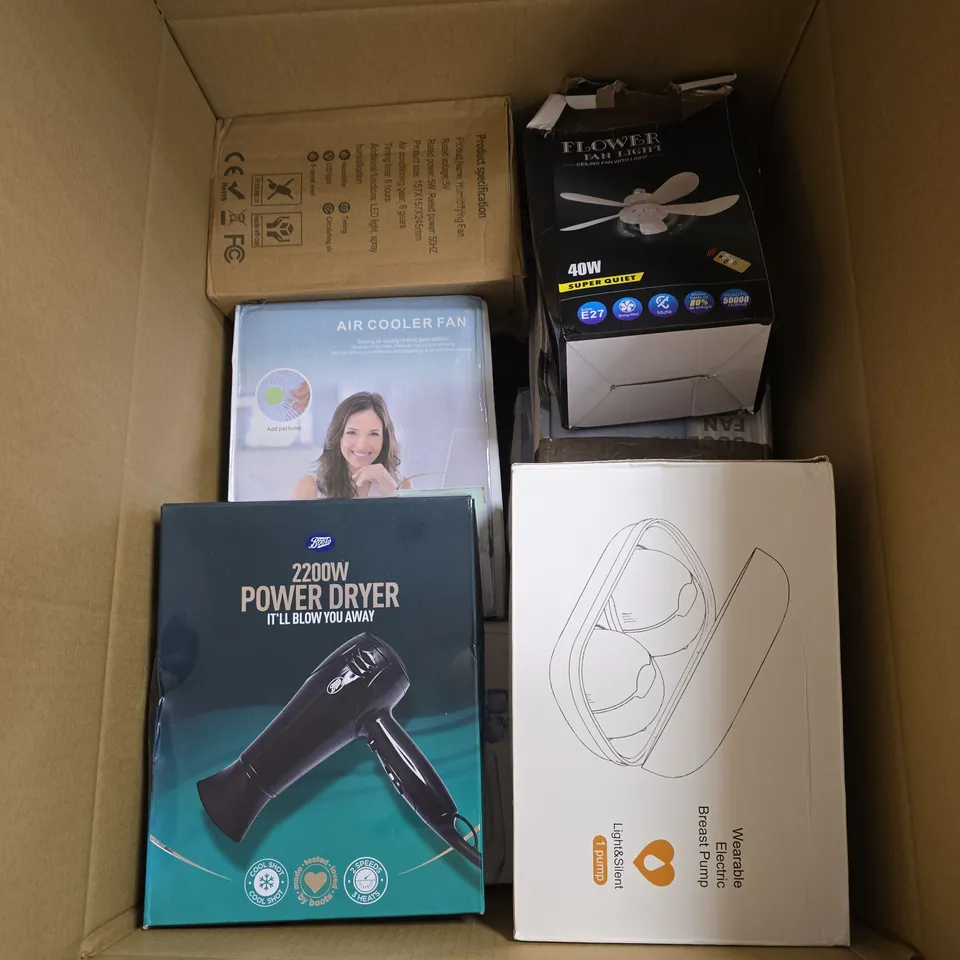 BOX OF APPROXIMATELY 10 ASSORTED ITEMS INCLUDING A HUMIDIFYING FAN, A FLOWER FAN LIGHT AND WEARABLE ELECTRIC BREAST PUMPS