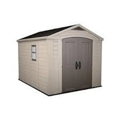 BOXED KETER FACTOR 8x11 FT APEX BEIGE PLASTIC 2 DOOR SHED WITH FLOOR & 1 WINDOW (3 BOXES)