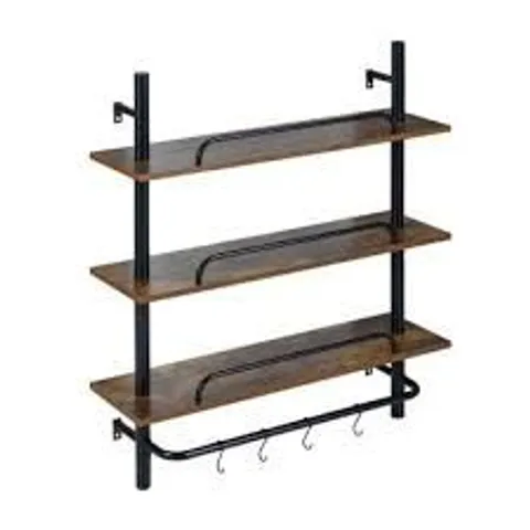 BOXED COSTWAY 6-TIER HANGING WALL SHELF WITH 8 S HOOKS, SIDE POCKET AND RGB LED LIGHTING, 107 X 24 X 96 CM, RUSTIC BROWN