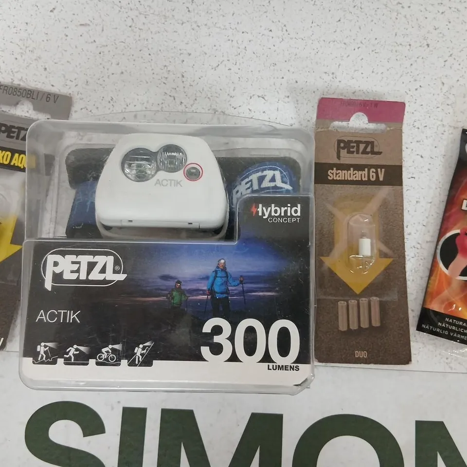 FIVE ASSORTED PRODUCTS TO INCLUDE; PETZL ACTIK HYBRID CONCEPT 300LUMENS, DUO MINI BULB, SUUNTO SPARES