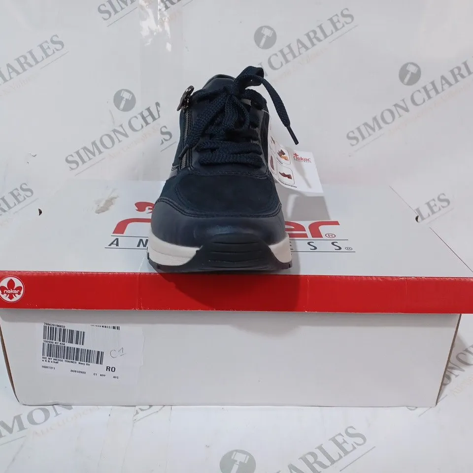 BOXED PAIR OF RIEKER ANTISTRESS WEDGE TRAINERS IN NAVY SIZE 6.5
