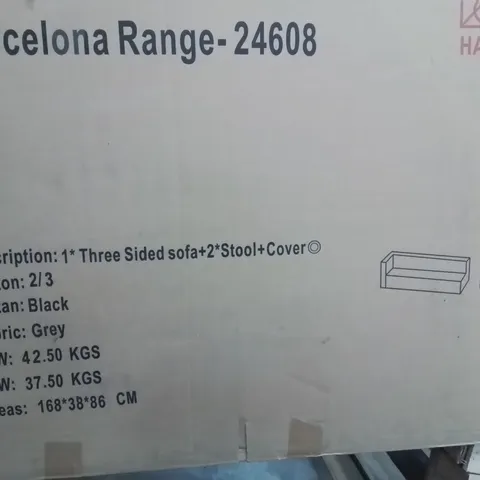 BOXED THREE SIDED SOFA & 2 FOOT STOOLS -GREY- (3 BOXES)