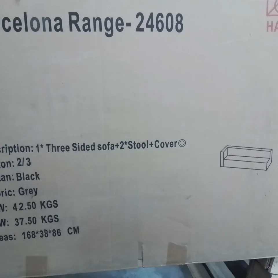 BOXED THREE SIDED SOFA & 2 FOOT STOOLS -GREY- (3 BOXES)