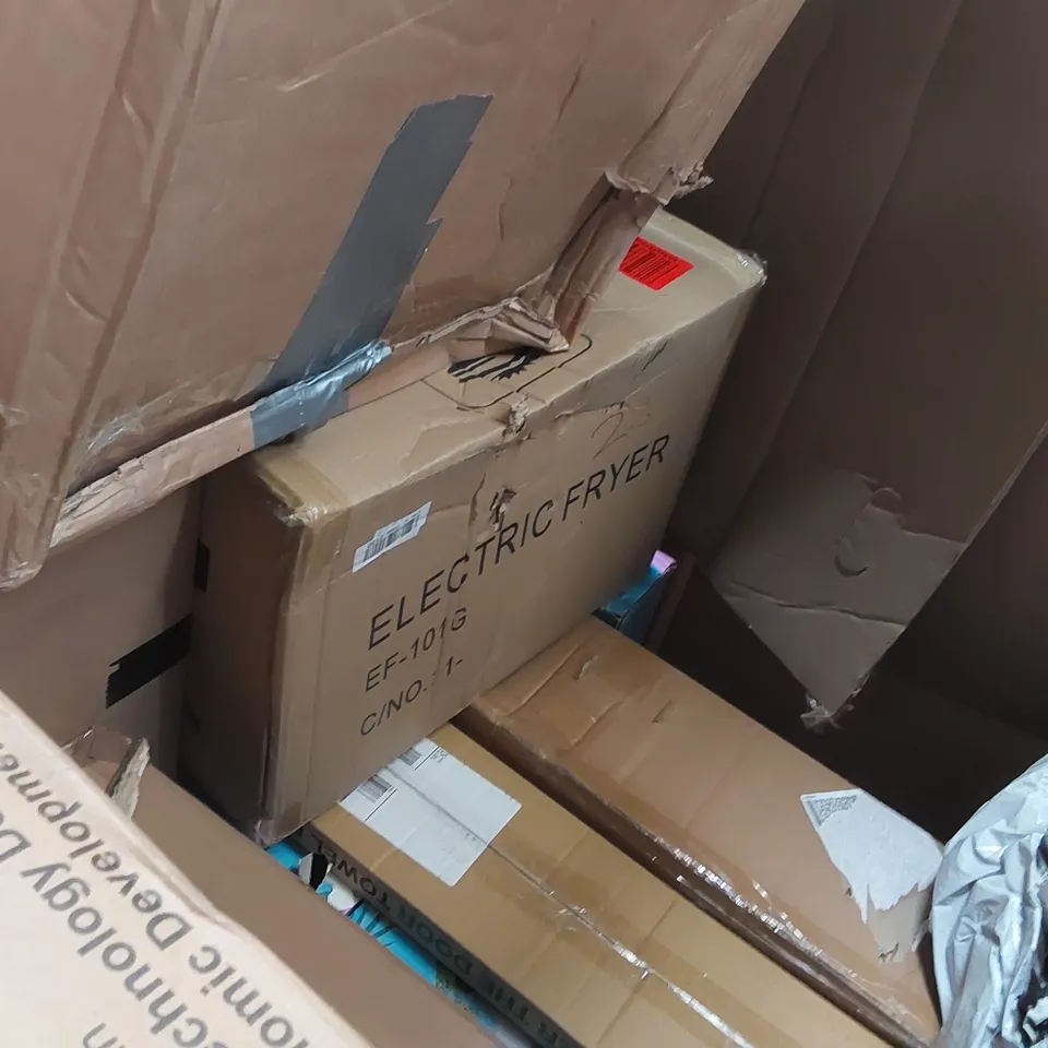 PALLET OF ASSORTED ITEMS INCLUDING: ELECTRIC FRYERS, ROWING MACHINE, INFLATABLE POOLS, ELECTRIC RICE COOKER, CHAIR MAT, GAMING CHAIR PARTS ECT