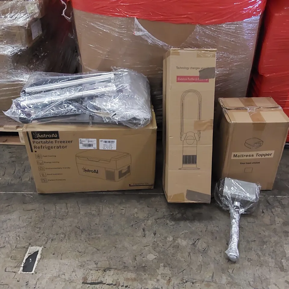 PALLET OF ASSORTED ITEMS INCLUDING: PORTABLE FREEZER REFRIGERATOR, AIR PURIFIER AND HEATER, MATTRESS TOPPER, SUITCASE, HAMMER COSTUME PROP