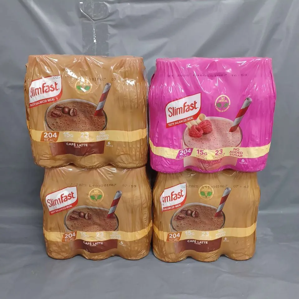 LOT OF 4 PACKS (6 PER PACK) SLIMFAST MEAL REPLACEMENT DRINKS CAFE LATTE AND RASPBERRY AND WHITE CHOC FLAVOURS 