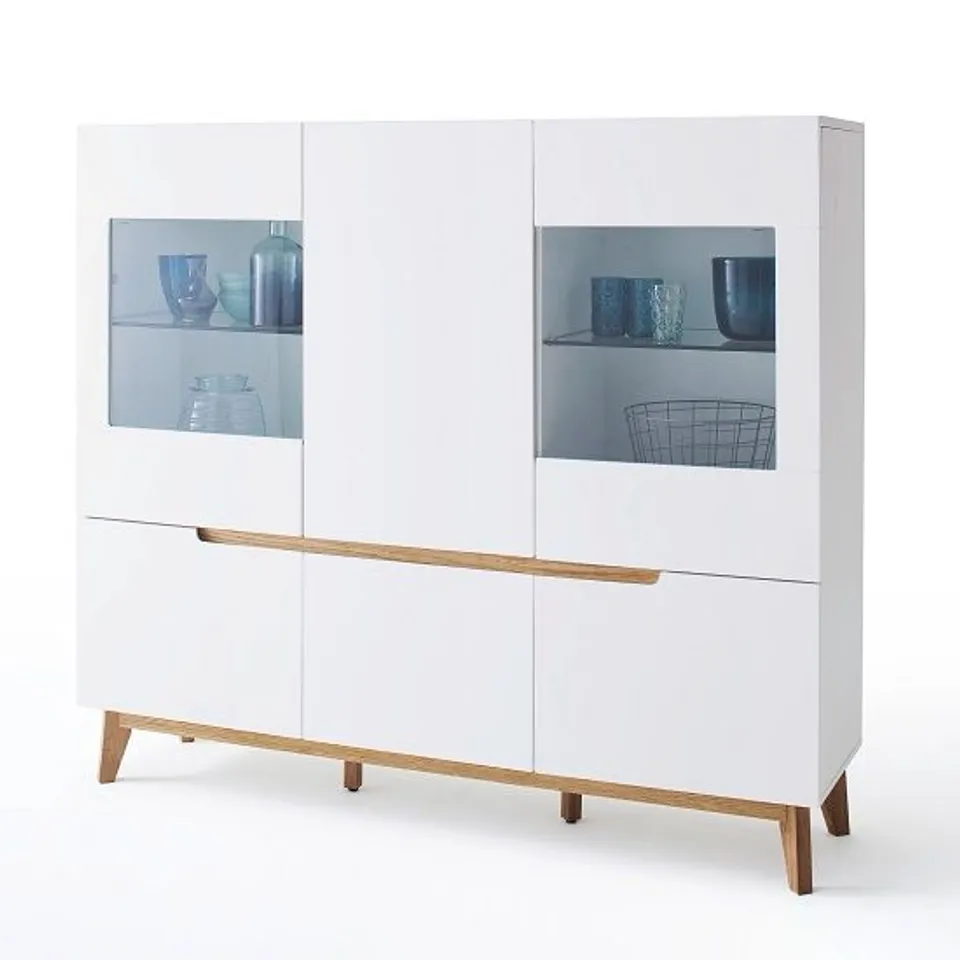 BRAND NEW BOXED MERINA CONTEMPORARY HIGHBOARD IN MATT WHITE AND KNOTTY OAK (2 BOXES)