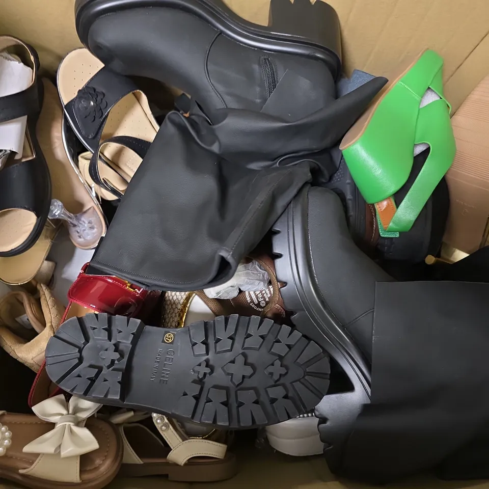BOX OF APPROXIMATELY 10 PAIRS OF ASSORTED SHOES IN VARIOUS COLOUR, STYLES AND SIZES