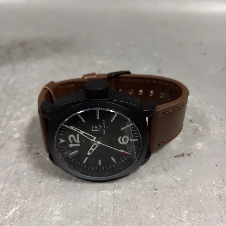 MENS FRANK SCHMIDT WATCH – LARGE BLACK CASE – BLACK PILOT DIAL – BROWN LEATHER STRAP – 3ATM WATER RESISTANT