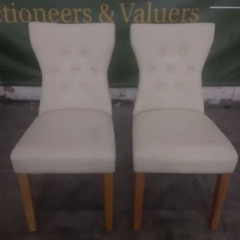 SET OF 2 NEW BEWLEY IVORY LEATHER BUTTON BACK DINING CHAIRS (OAK LEG)