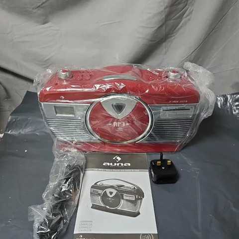 AUNA CD/MP3 RADIO SYSTEM BOOMBOX – RED, WITH POWER ADAPTER & MANUAL