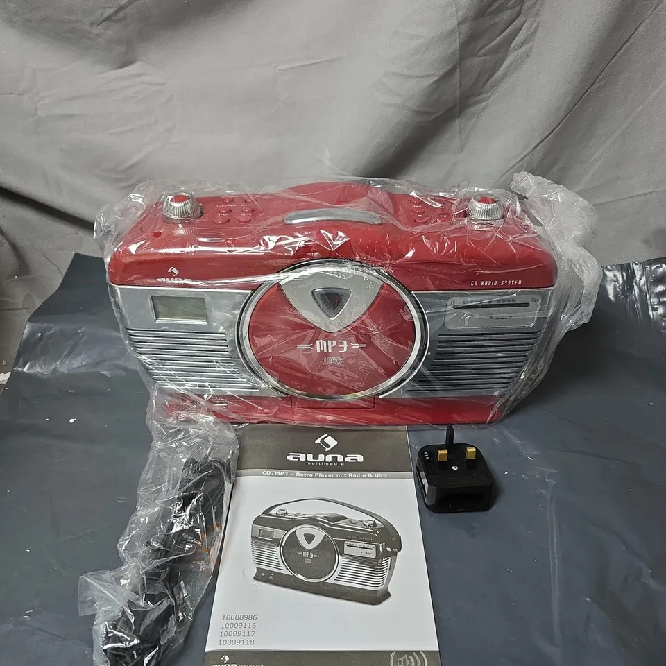 AUNA CD/MP3 RADIO SYSTEM BOOMBOX – RED, WITH POWER ADAPTER & MANUAL