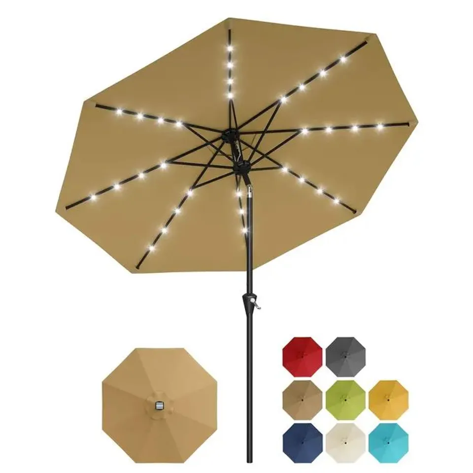 BOXED GARVEE KHAKI SOLAR GARDEN PARASOL UMBRELLA 3 M DIAMETER WITH 32 LED LIGHTS UV RESISTANT WATERPROOF CANOPY 8 STURDY RIBS CRANK HANDLE AND PUSH BUTTON TILT