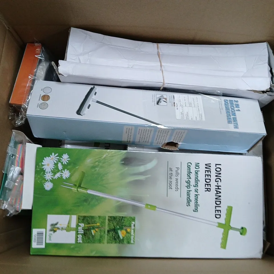 APPROXIMATELY 10 ASSORTED ITEMS TO INCLUDE LONG HANDELED WEEDER, BRO=OM WITH SQUEEGEE, SEALABAG, ETC