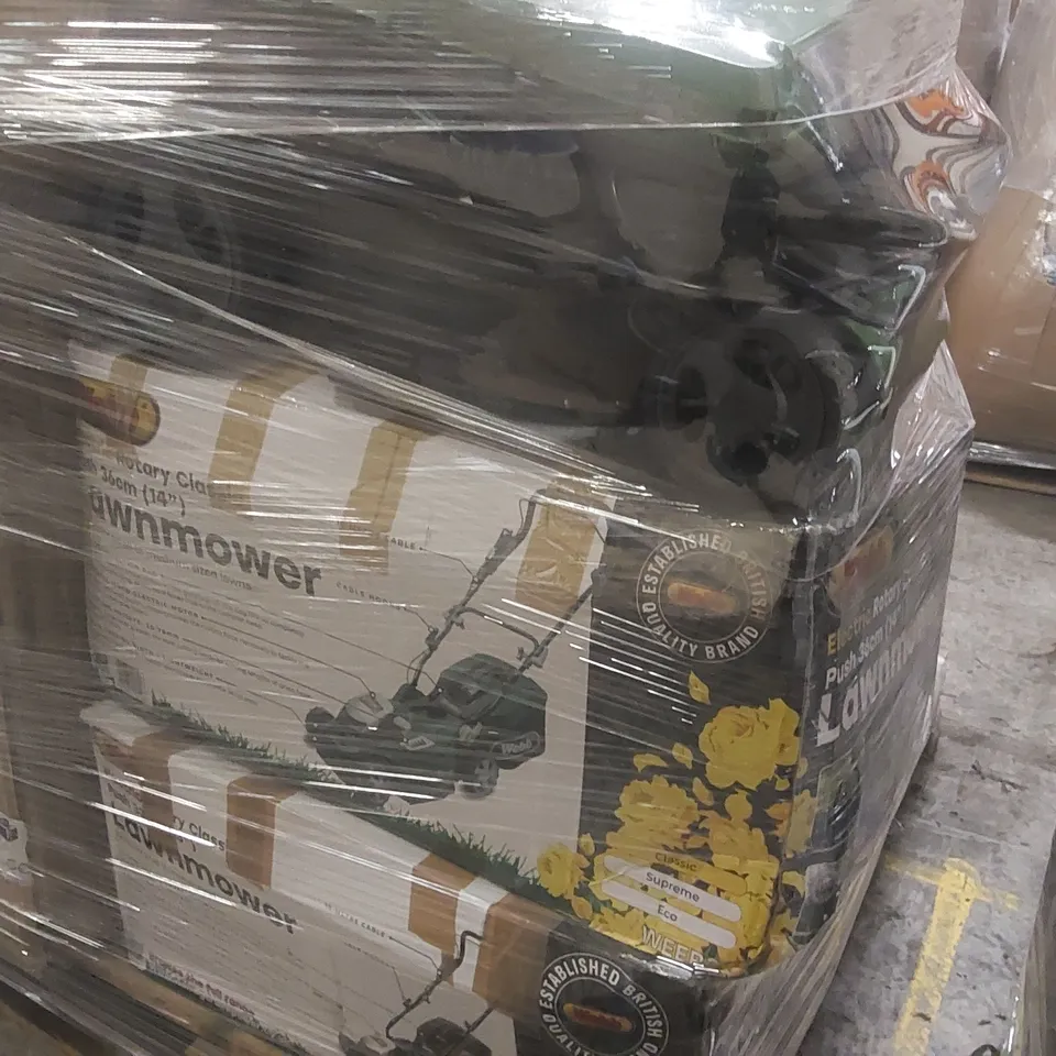 PALLET CONTAINING A LARGE QUANTITY OF ASSORTED GARDENING TOOLS INCLUDING: WEBB ELECTRIC LAWNMOWER, DUMP CART, TOWED GARDEN ROLLER, 500W ELECTRIC HEDGE TRIMMER ECT